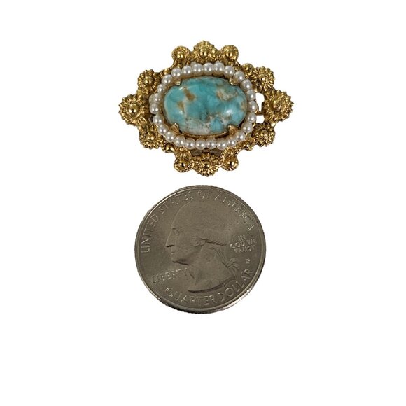 Gold Tone Mottled Blue Oval Glass Faux Pearl Oval Vintage Filigree Brooch L213 - Picture 7 of 9